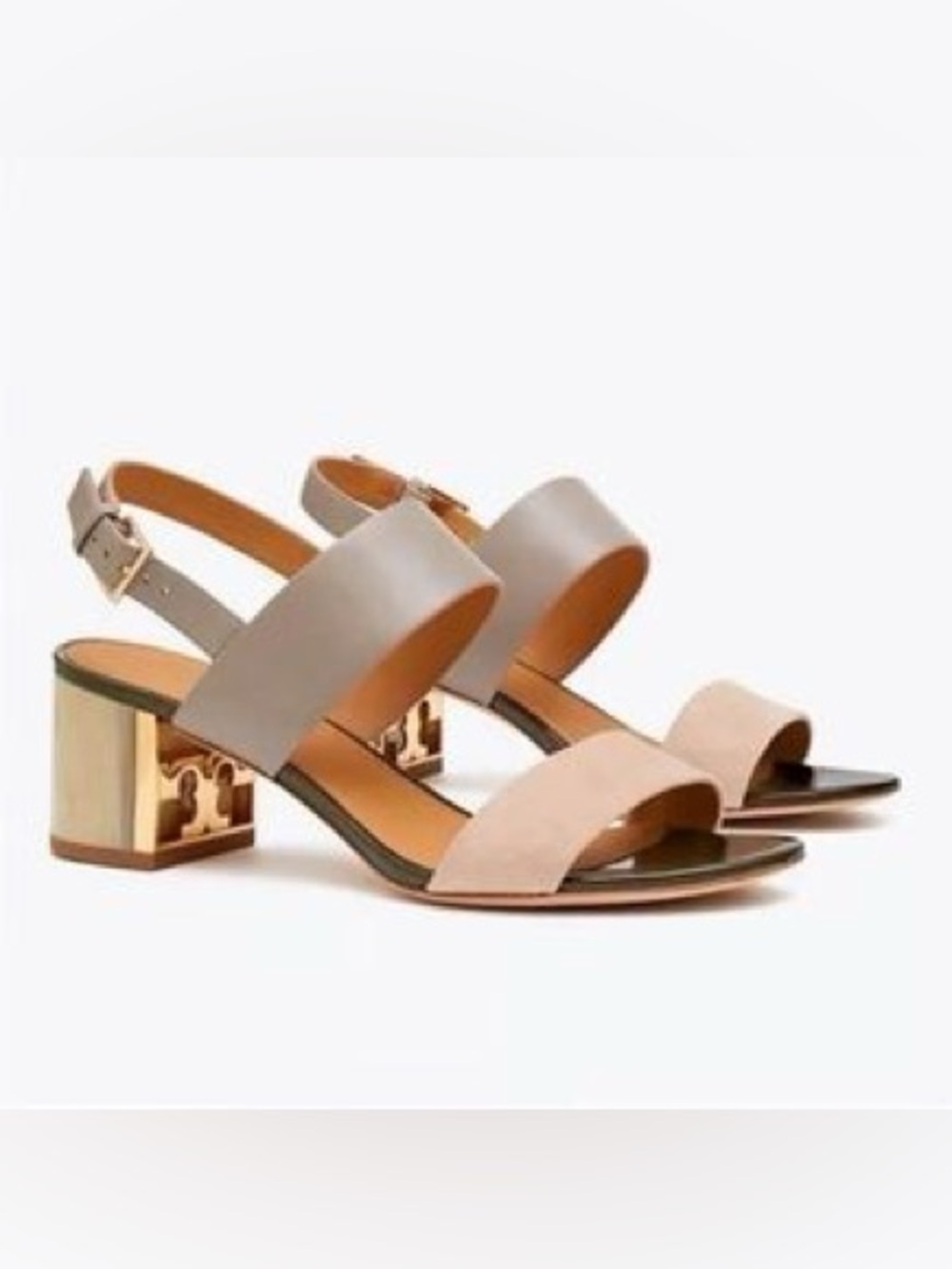 Tory Burch Gigi T Slingback Block Heel Sandals Gray Heron Taupe Leather Size 7